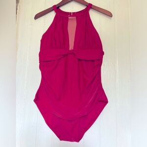 *3 for $20* Red One-Piece Swimsuit, mesh accents, gathered cinch waist, size XL.